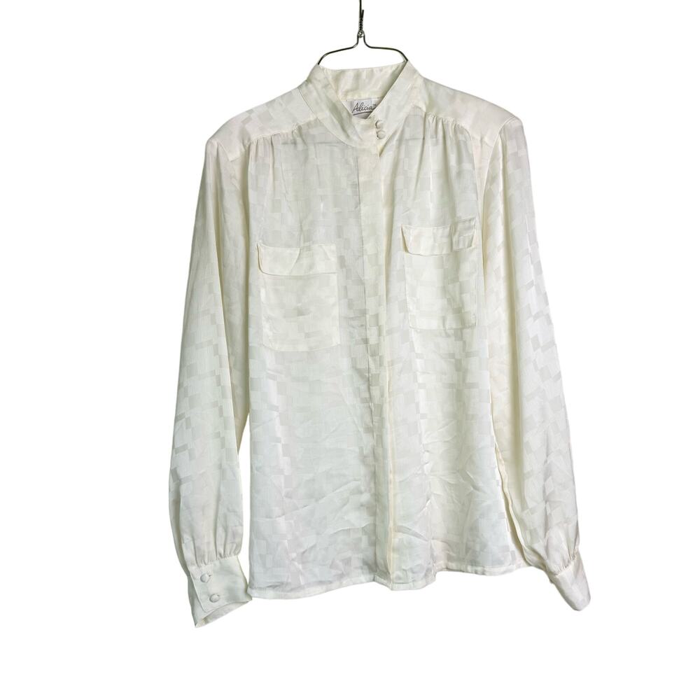Alicia VINTAGE Ivory‎ checkered plaid Jacquard material covered button blouse 14